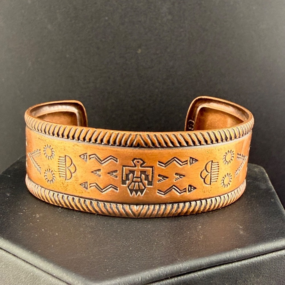 Vintage Copper Bell Trading Cuff Bracelet Western Ethnic Thunderbird 6"